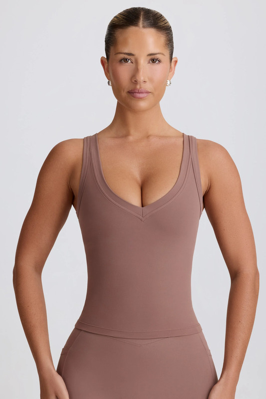 Soft Active V-Neck Tank Top in Mocha - Size:L